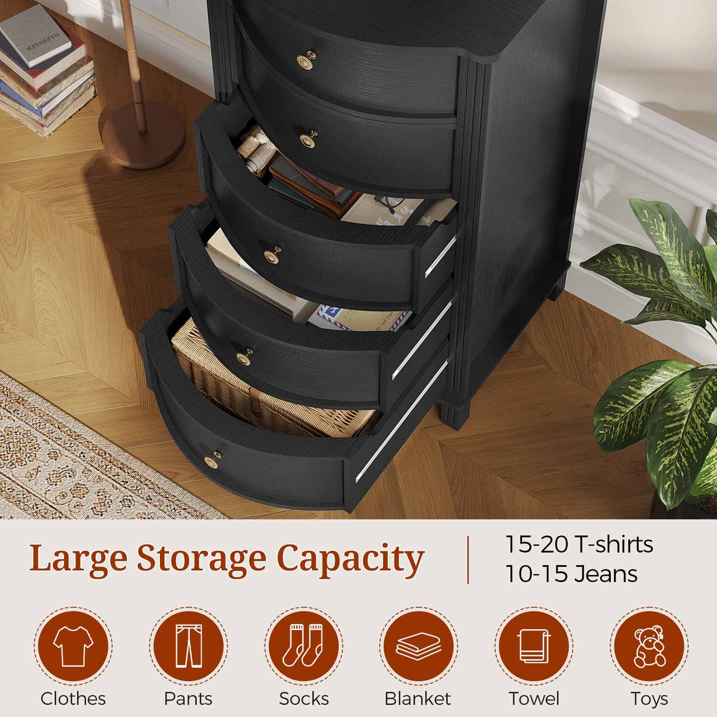 Tall 5-Drawer Dresser with Five Arc Fronts Black