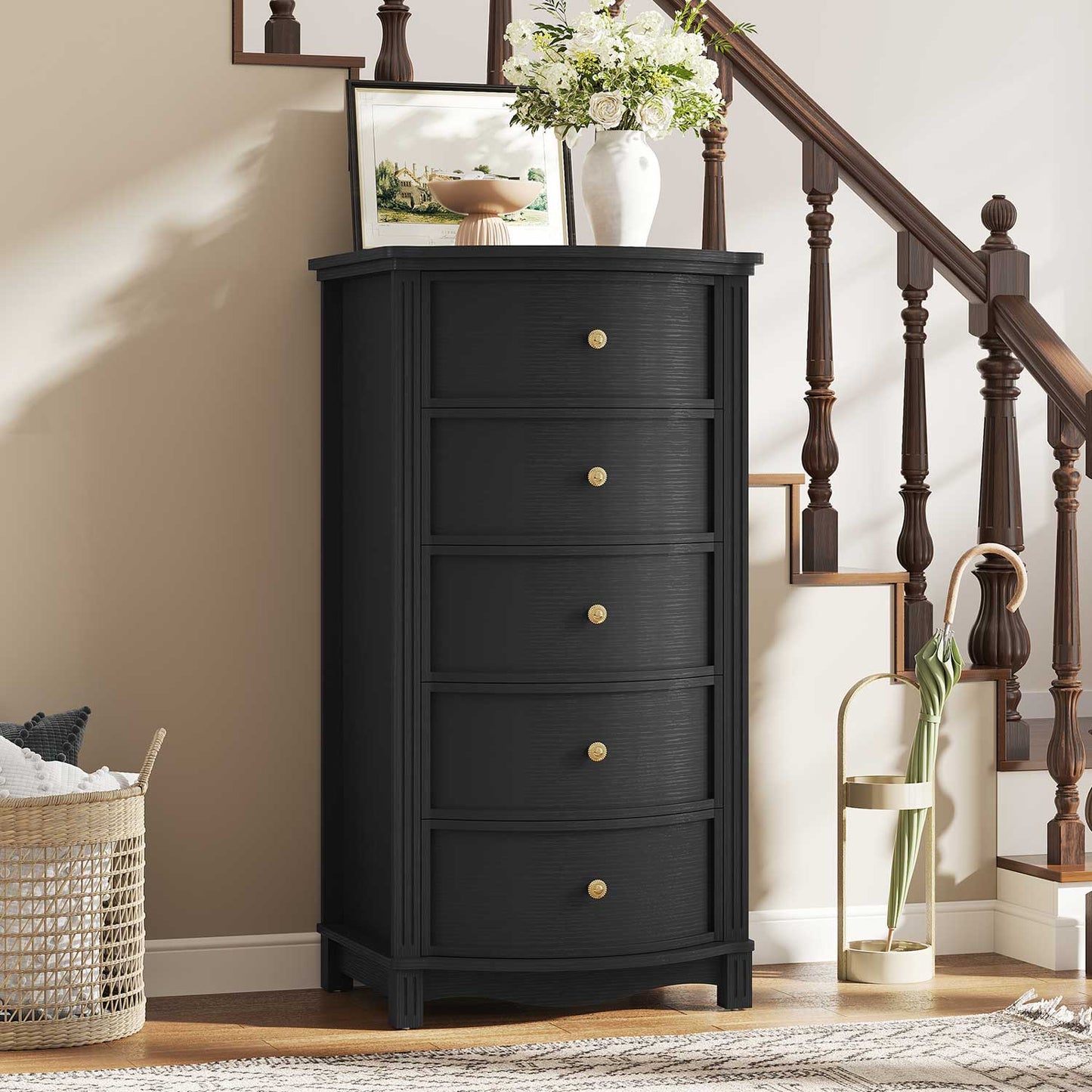 Tall 5-Drawer Dresser with Five Arc Fronts Black