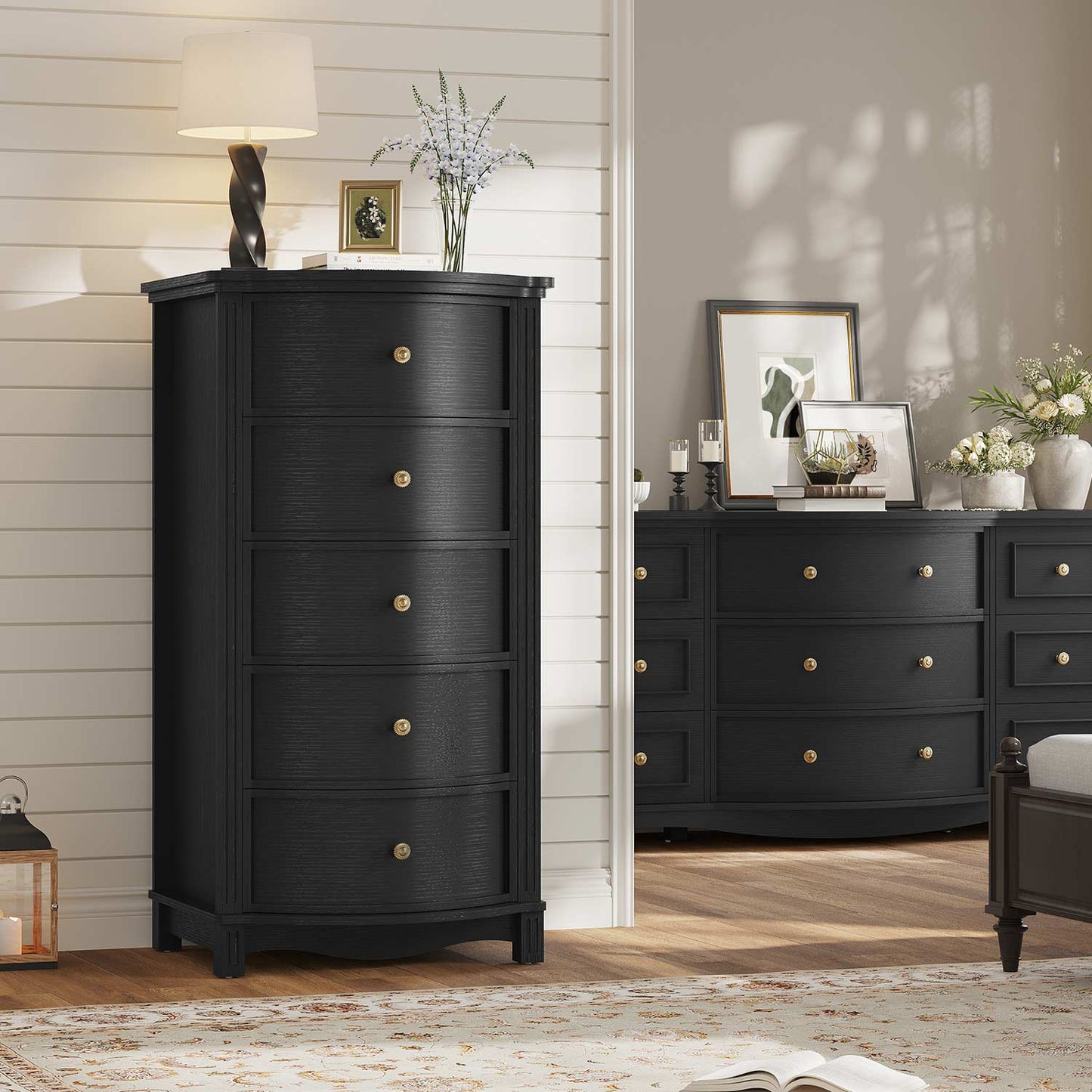 Tall 5-Drawer Dresser with Five Arc Fronts Black