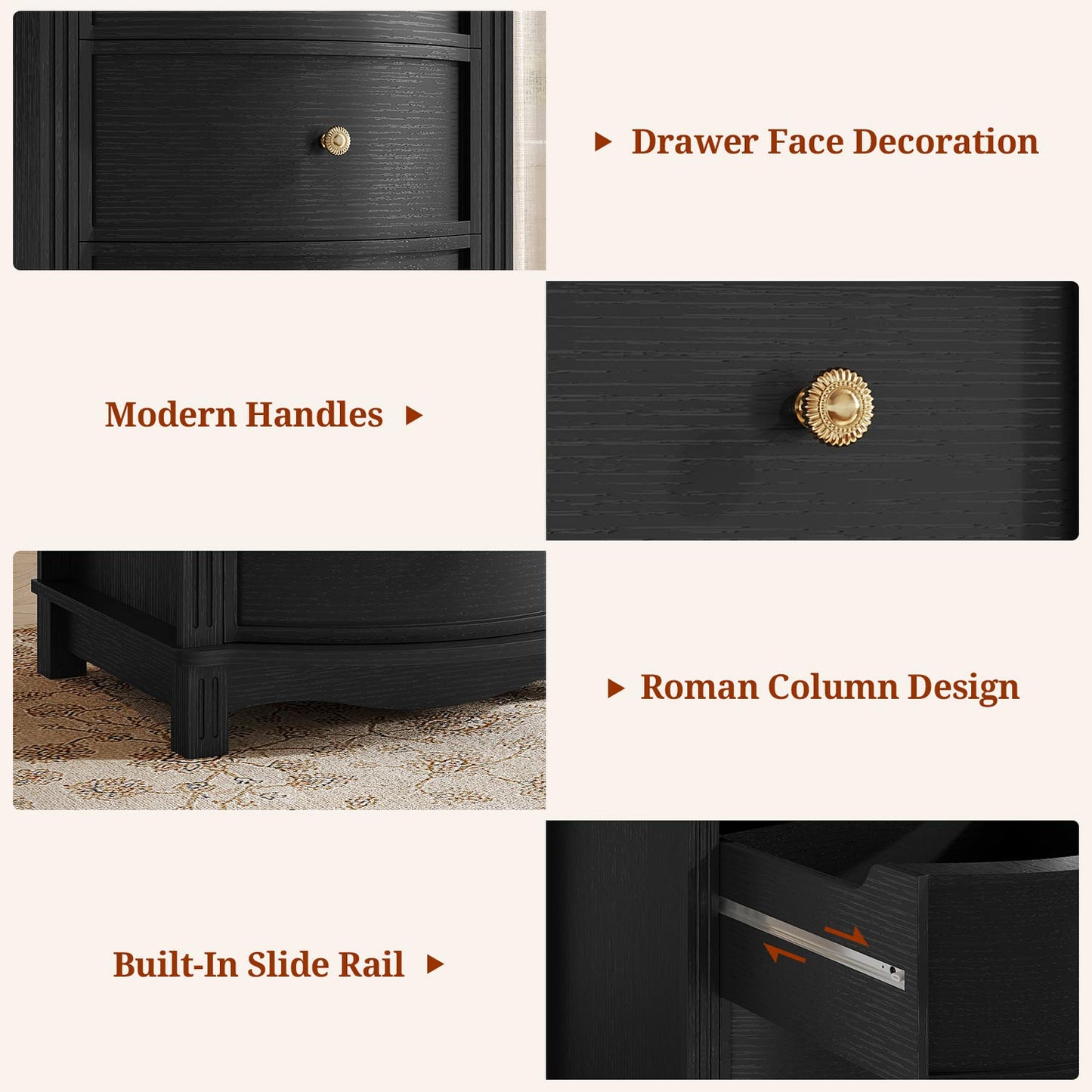 Tall 5-Drawer Dresser with Five Arc Fronts Black