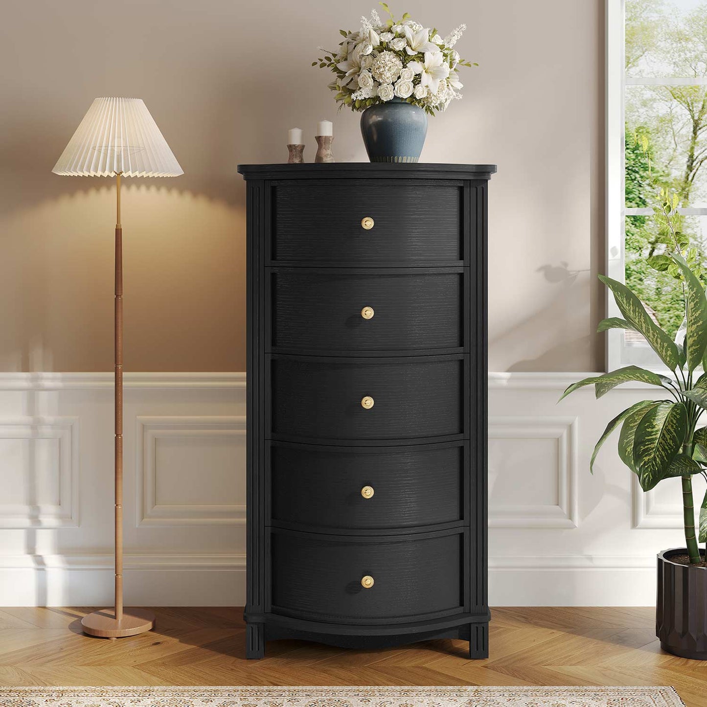 Tall 5-Drawer Dresser with Five Arc Fronts Black