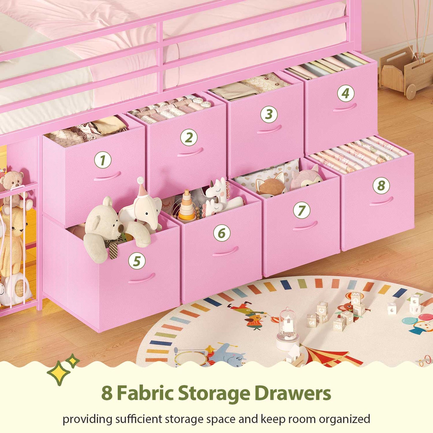 Twin Size Low Loft Bed with RGB Lights & 8 Drawers Pink