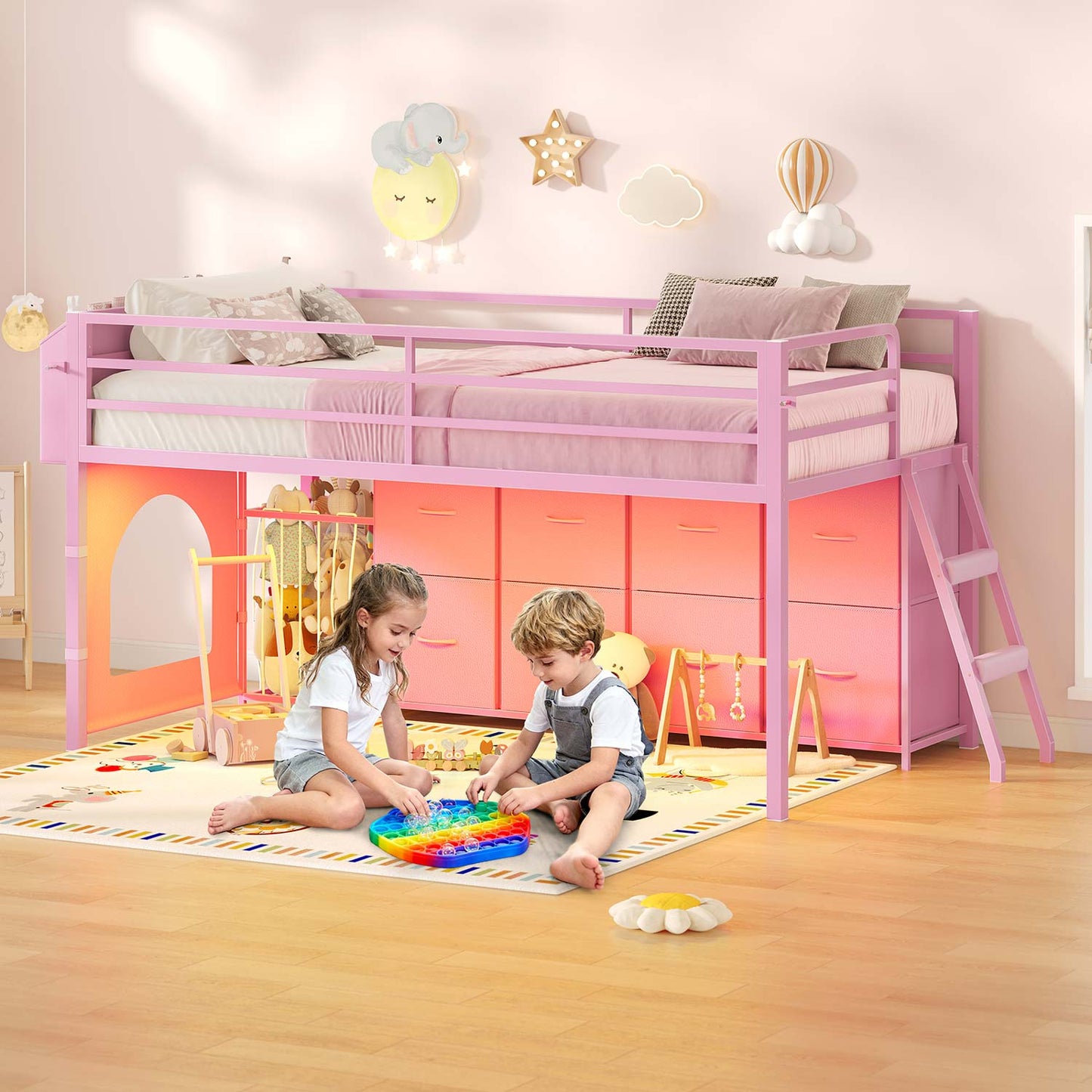 Twin Size Low Loft Bed with RGB Lights & 8 Drawers Pink