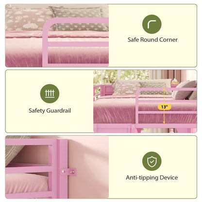 Twin Size Low Loft Bed with RGB Lights & 8 Drawers Pink