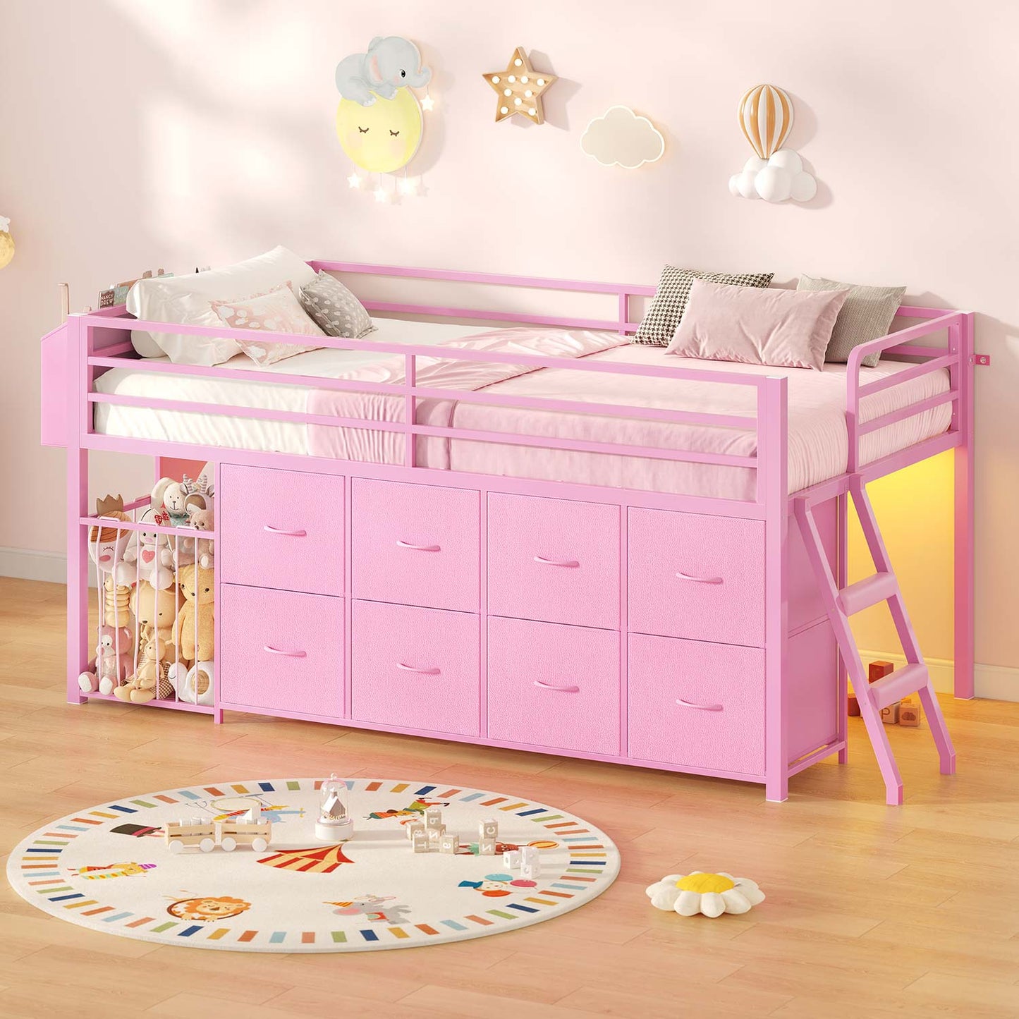 Twin Size Low Loft Bed with RGB Lights & 8 Drawers Pink