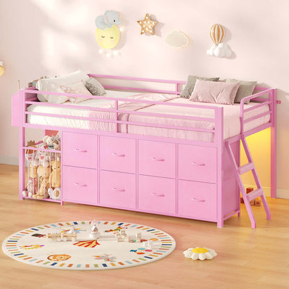 Twin Size Low Loft Bed with RGB Lights & 8 Drawers Pink