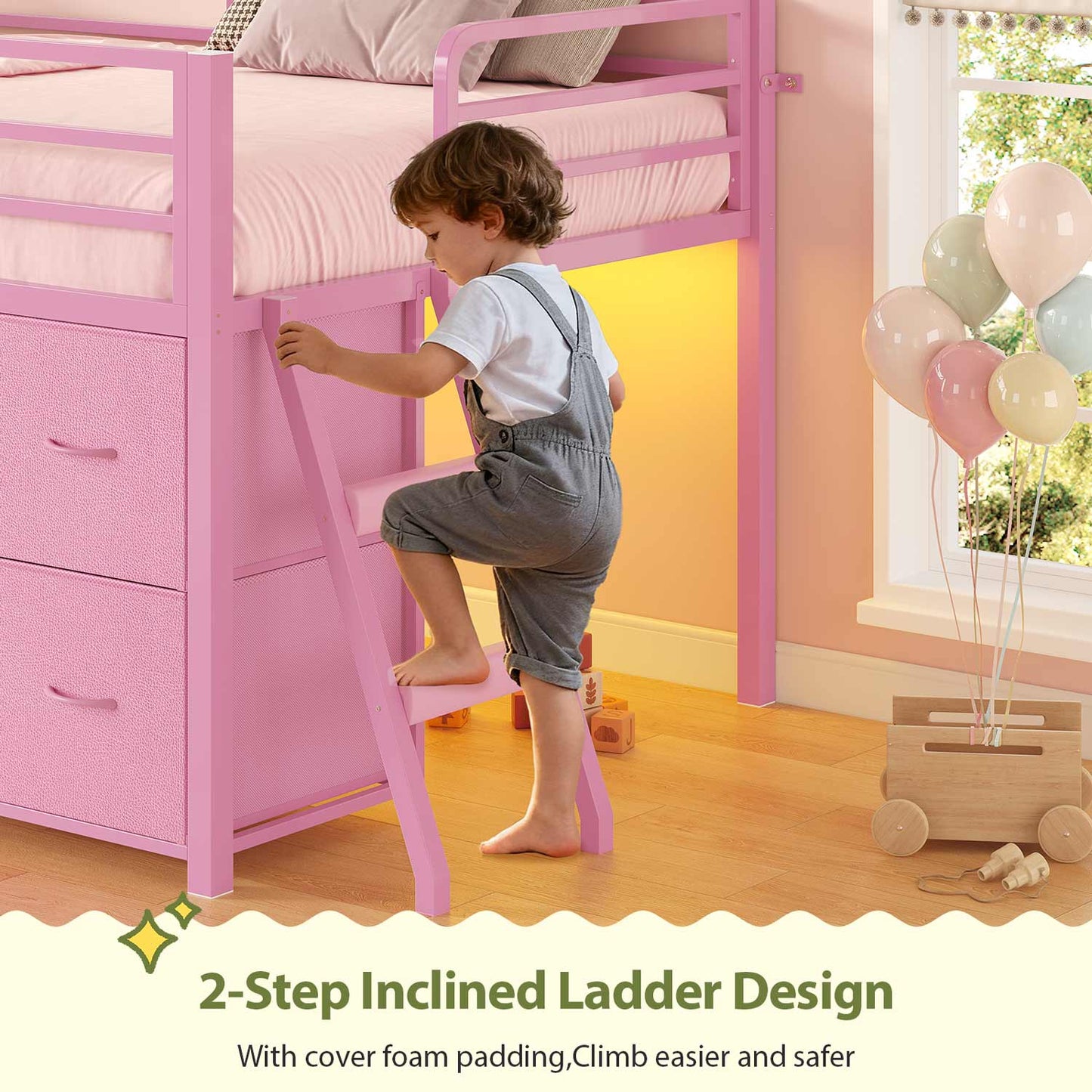 Twin Size Low Loft Bed with RGB Lights & 8 Drawers Pink