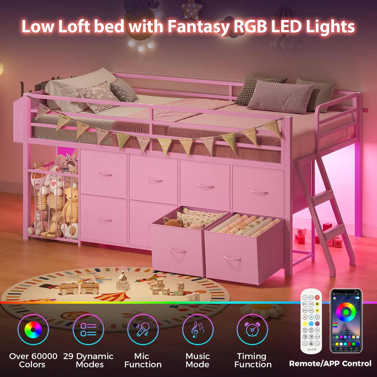 Twin Size Low Loft Bed with RGB Lights & 8 Drawers Pink