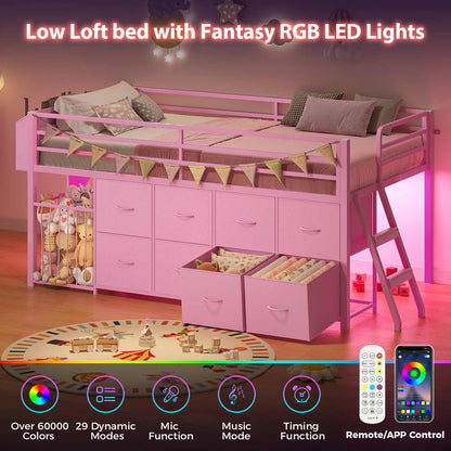 Twin Size Low Loft Bed with RGB Lights & 8 Drawers Pink