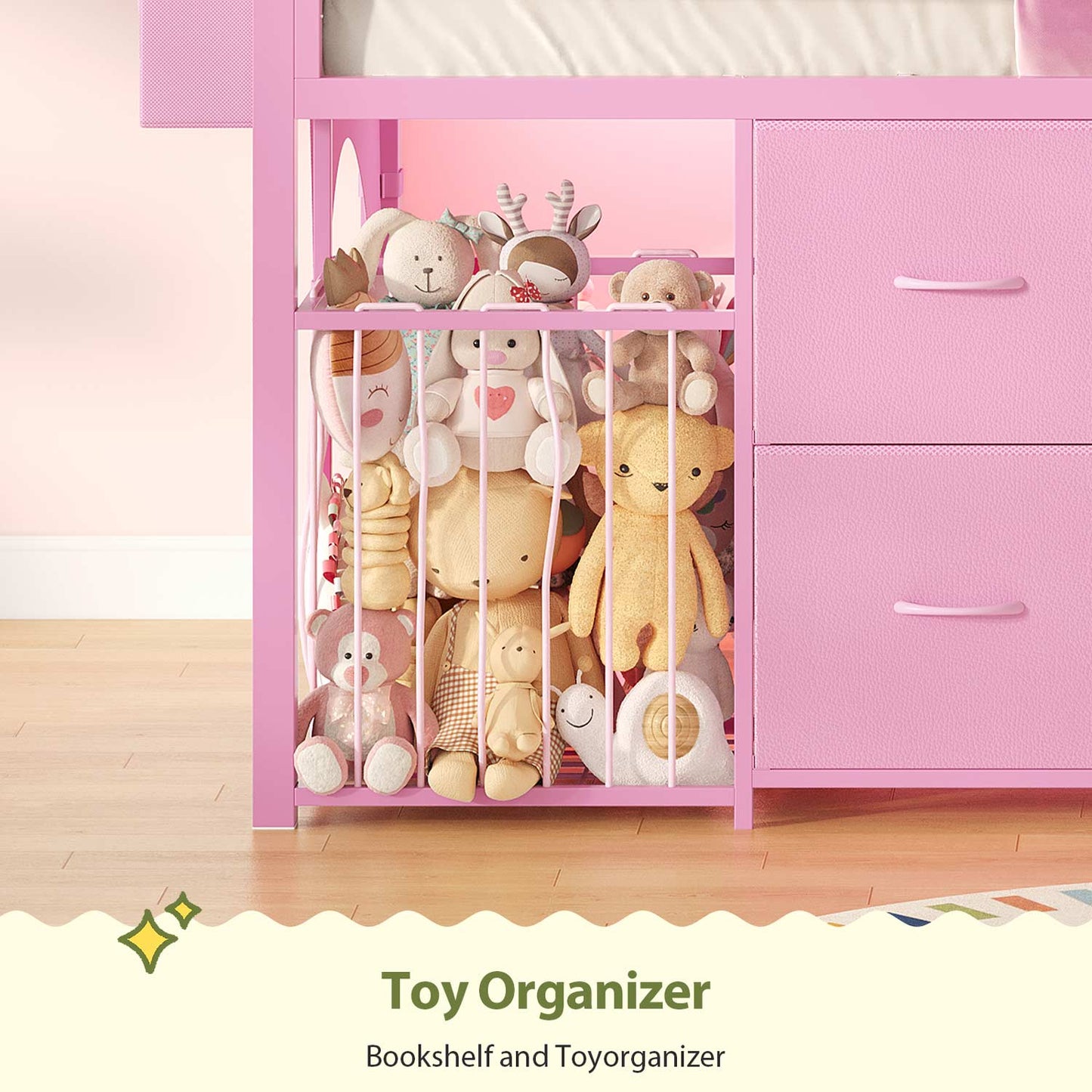 Twin Size Low Loft Bed with RGB Lights & 8 Drawers Pink