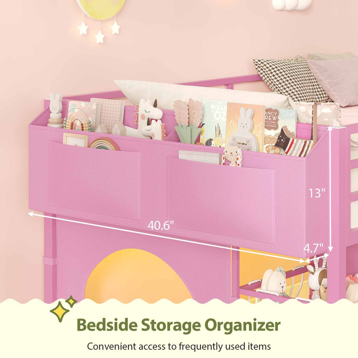 Twin Size Low Loft Bed with RGB Lights & 8 Drawers Pink