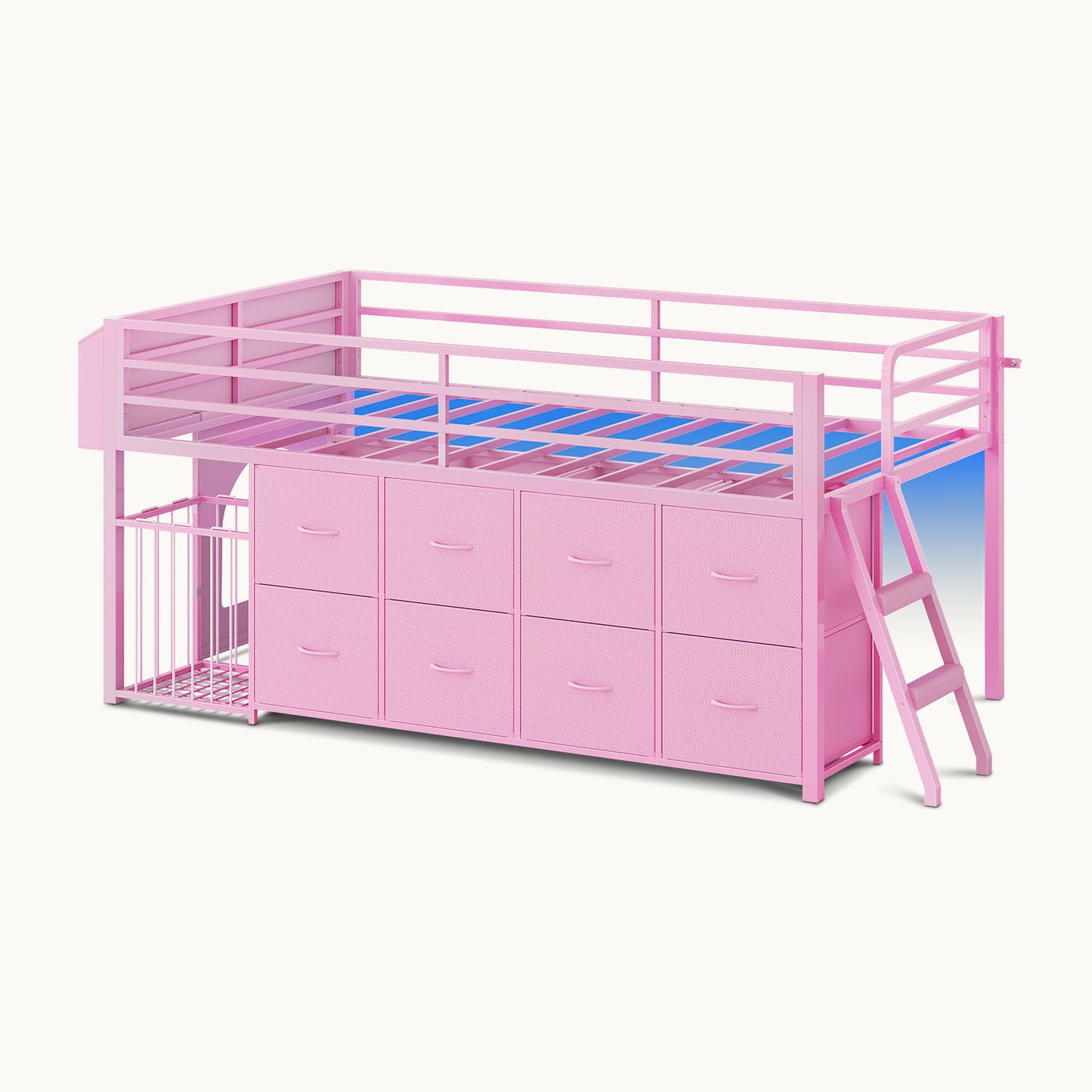 Twin Size Low Loft Bed with RGB Lights & 8 Drawers Pink