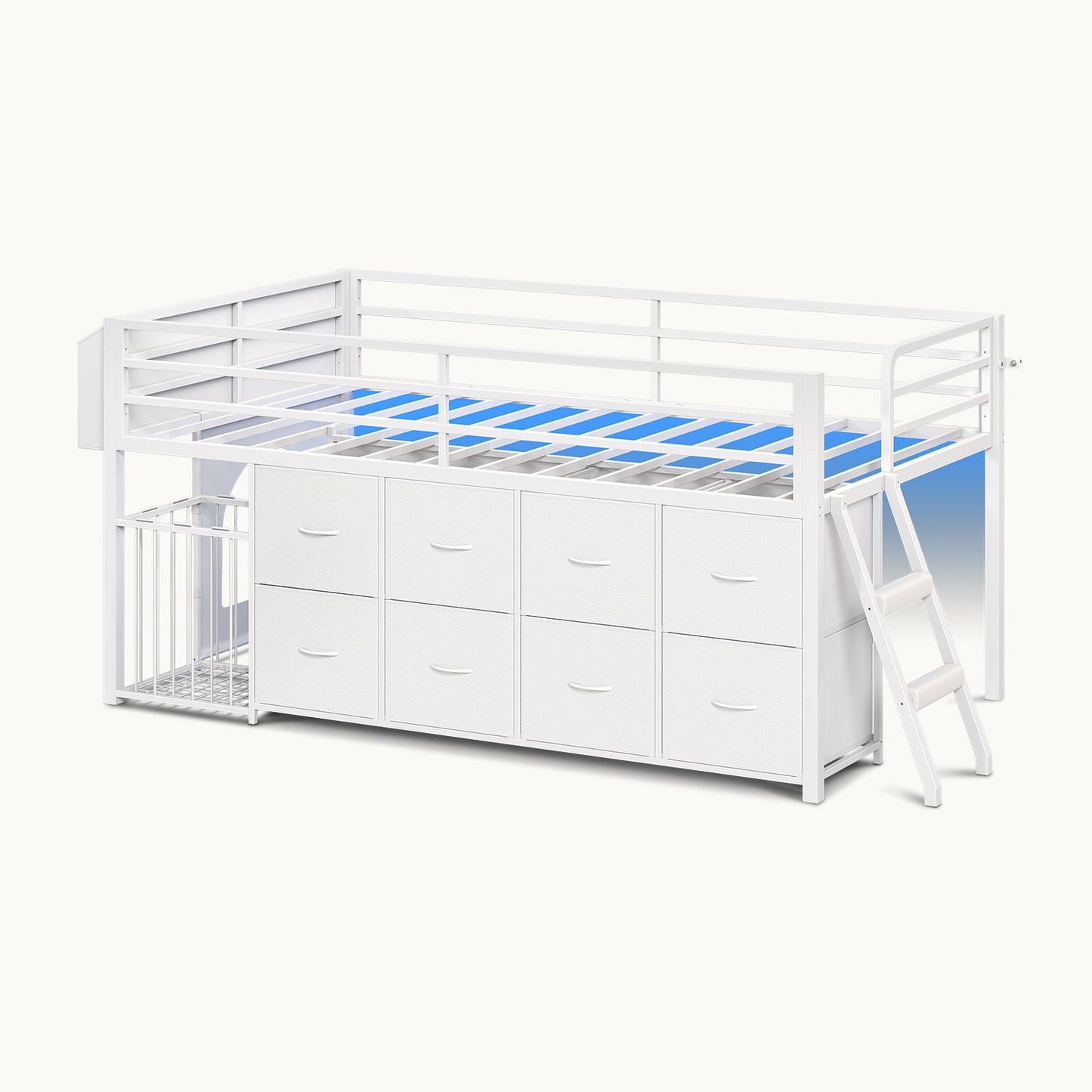 Twin Size Low Loft Bed with RGB Lights & 8 Drawers White