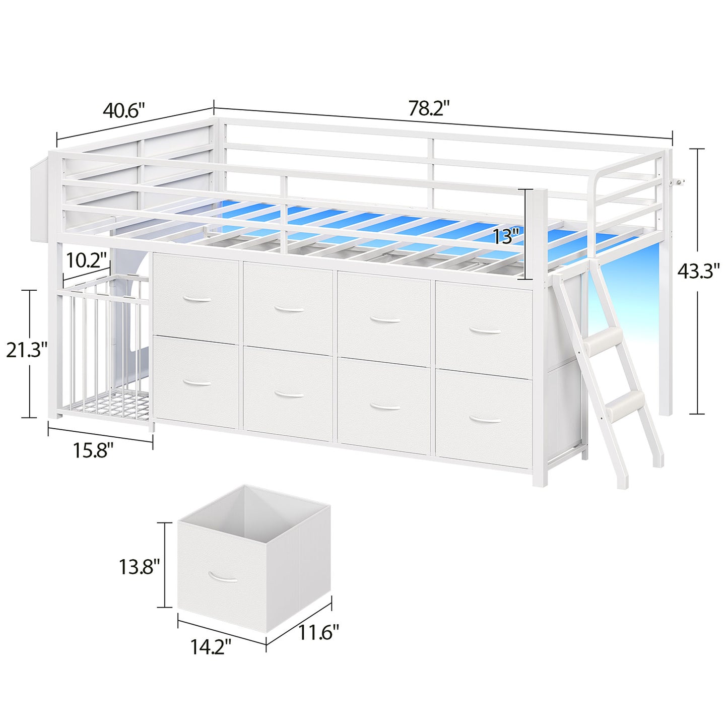 Twin Size Low Loft Bed with RGB Lights & 8 Drawers White