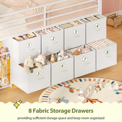 Twin Size Low Loft Bed with RGB Lights & 8 Drawers White