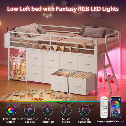Twin Size Low Loft Bed with RGB Lights & 8 Drawers White
