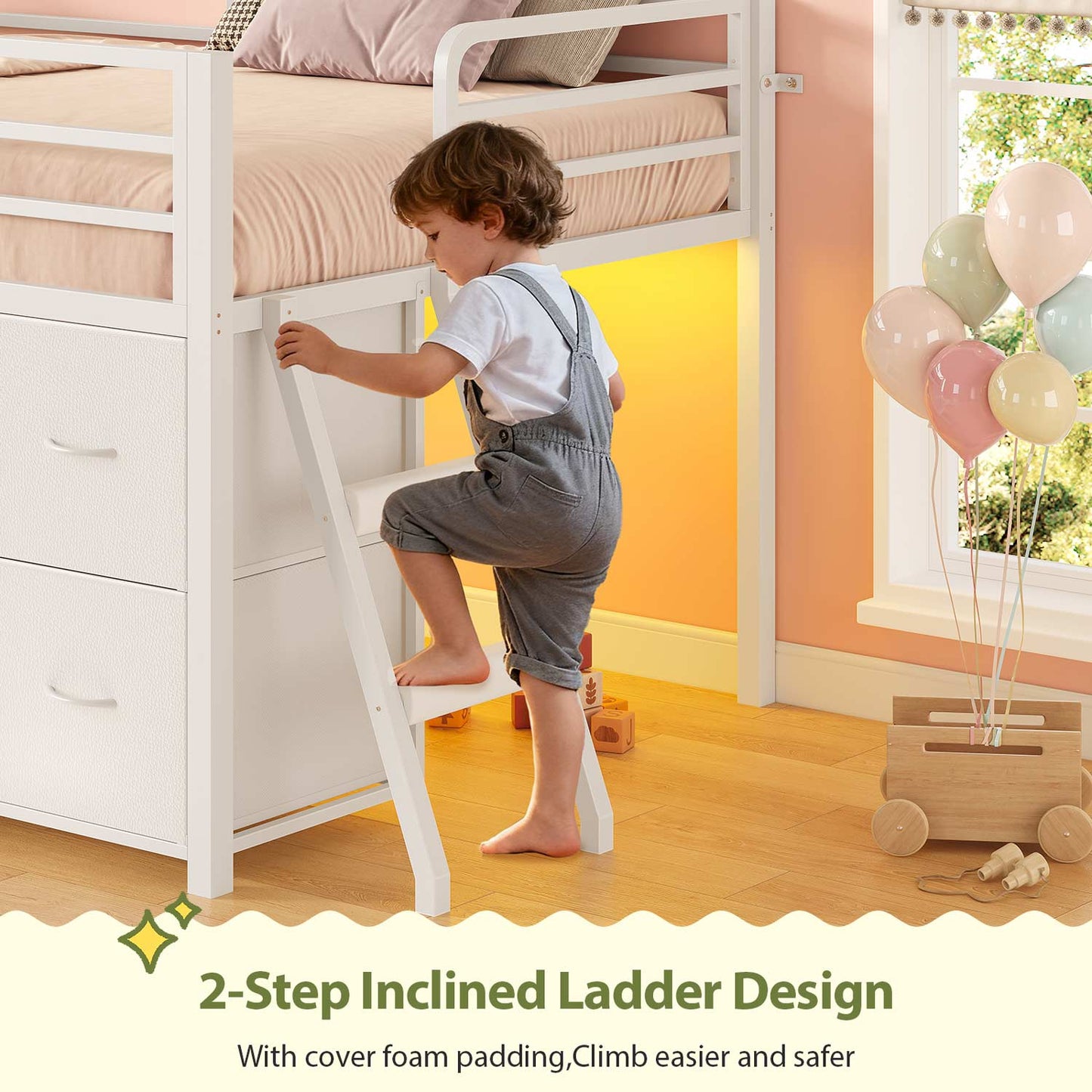 Twin Size Low Loft Bed with RGB Lights & 8 Drawers White