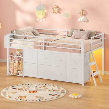 Twin Size Low Loft Bed with RGB Lights & 8 Drawers White