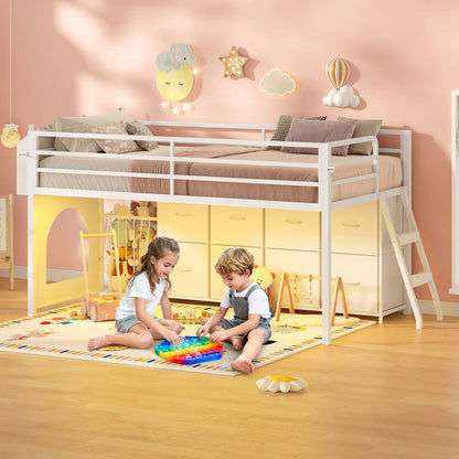 Twin Size Low Loft Bed with RGB Lights & 8 Drawers White