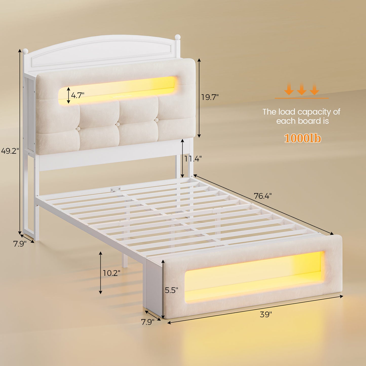 Full Size Upholstered Platform Bed Frame with LED Lighting White