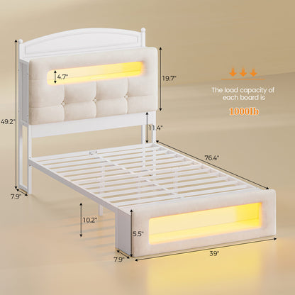 Full Size Upholstered Platform Bed Frame with LED Lighting White