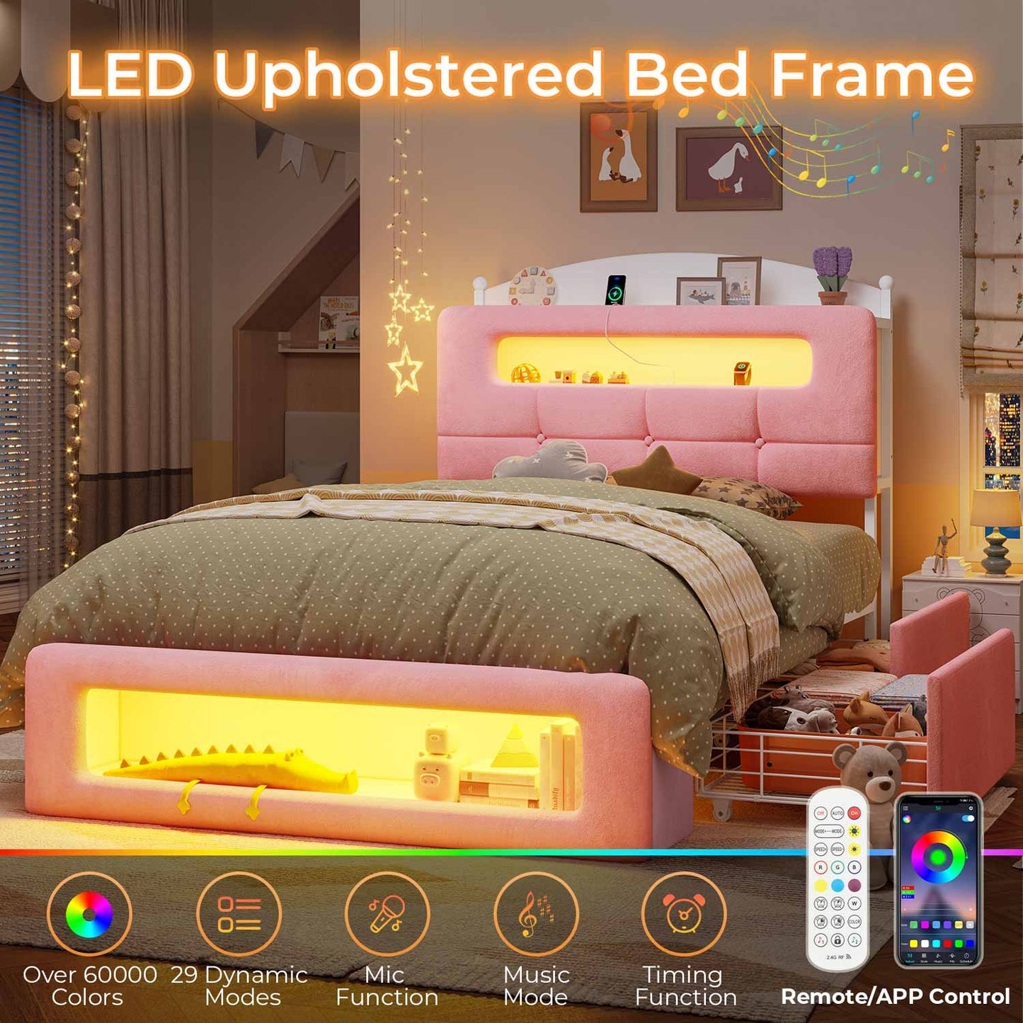 Upholstered Platform Bed Frame with LED Lighting Pink