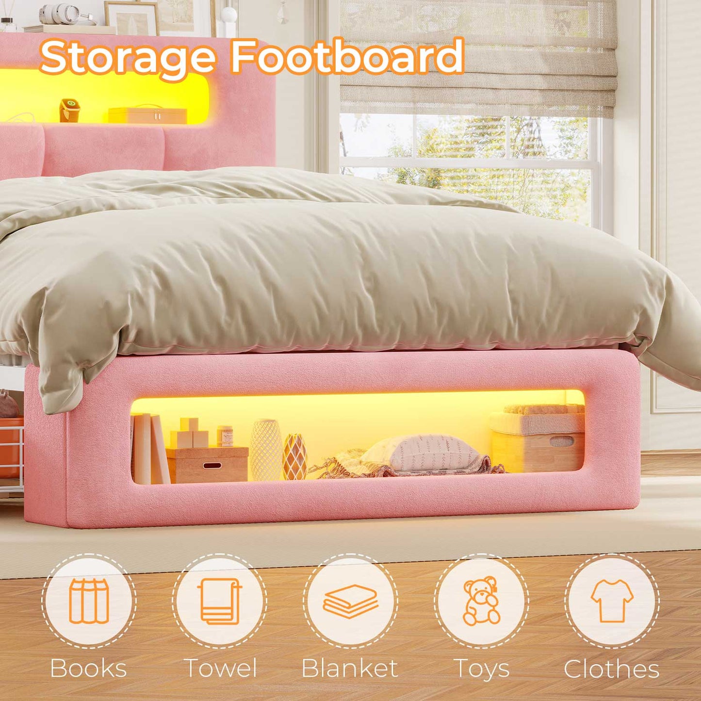 Upholstered Platform Bed Frame with LED Lighting Pink