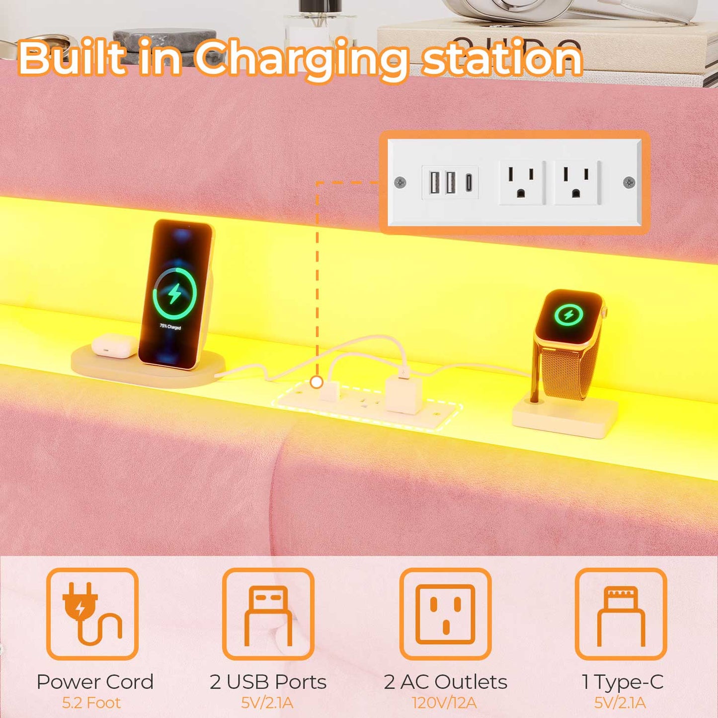 Upholstered Platform Bed Frame with LED Lighting Pink