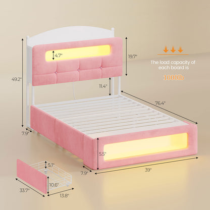 Upholstered Platform Bed Frame with LED Lighting Pink