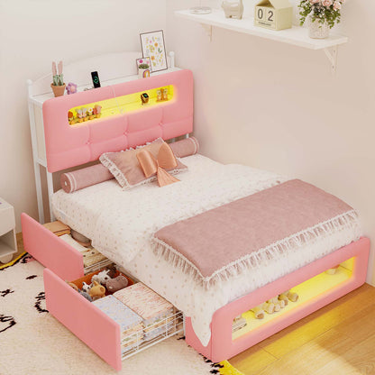 Upholstered Platform Bed Frame with LED Lighting Pink