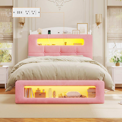 Upholstered Platform Bed Frame with LED Lighting Pink