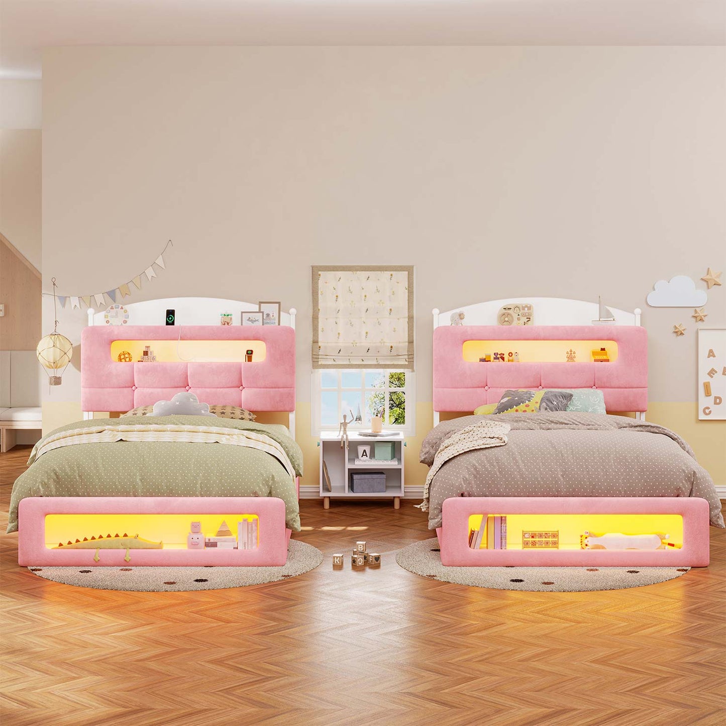 Upholstered Platform Bed Frame with LED Lighting Pink