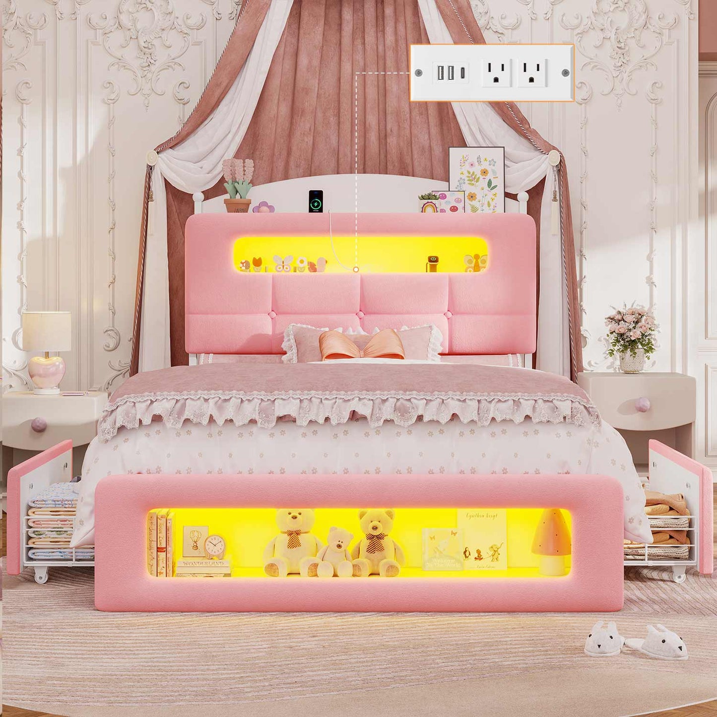 Upholstered Platform Bed Frame with LED Lighting Pink
