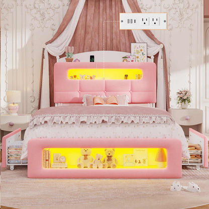 Upholstered Platform Bed Frame with LED Lighting Pink