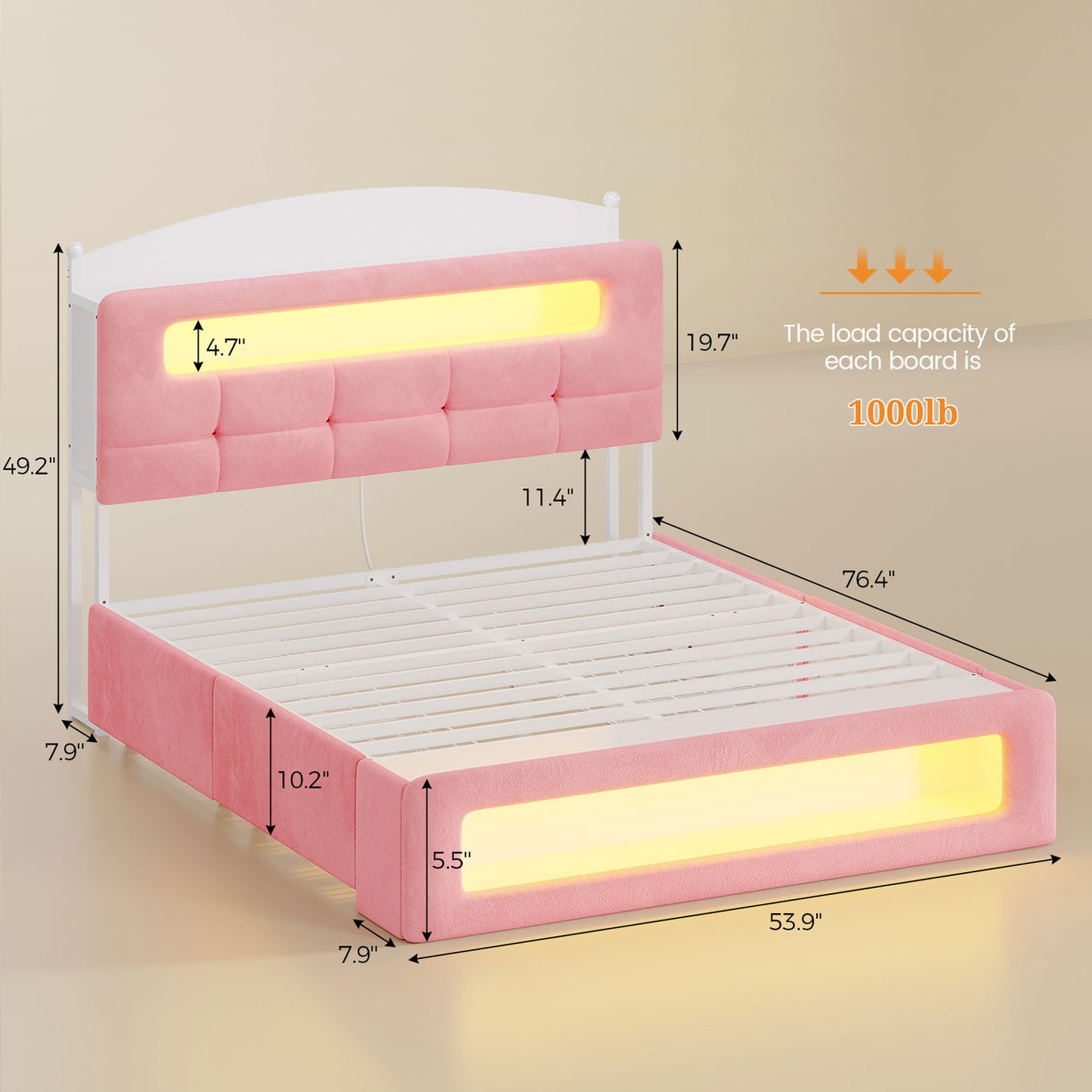 Upholstered Platform Bed Frame with LED Lighting Pink