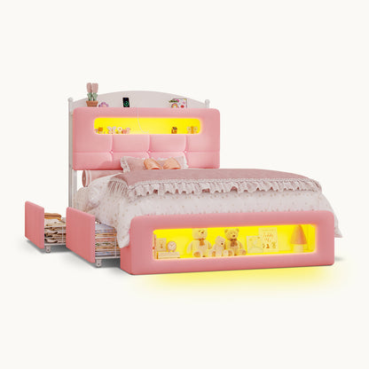 Upholstered Platform Bed Frame with LED Lighting Pink