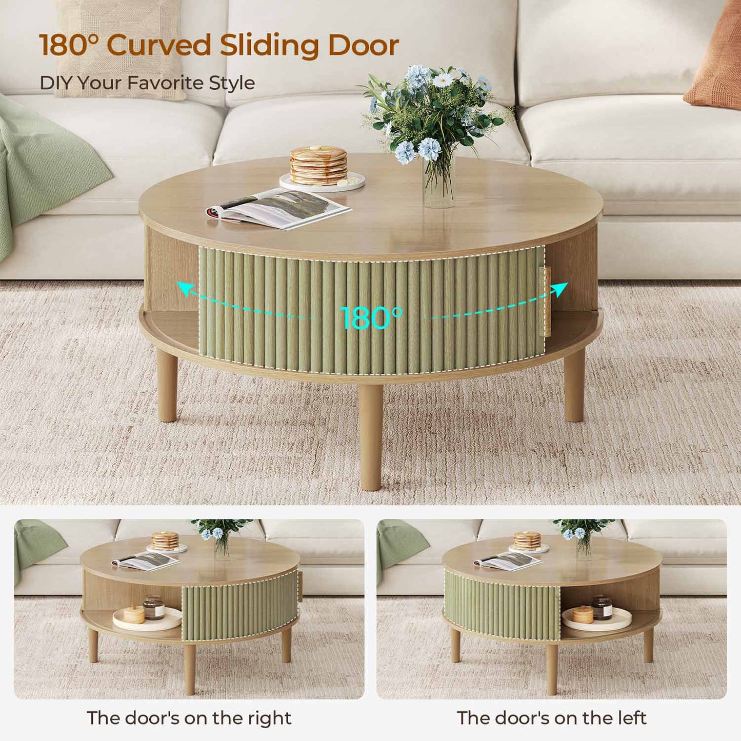 31.5 in Round Lift Top Coffee Table with 180° Curved Sliding Door Oak