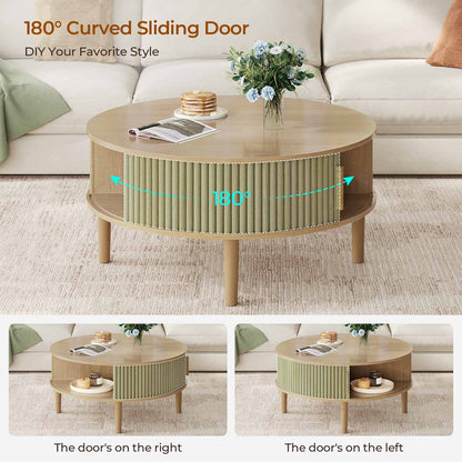 31.5 in Round Lift Top Coffee Table with 180° Curved Sliding Door Oak