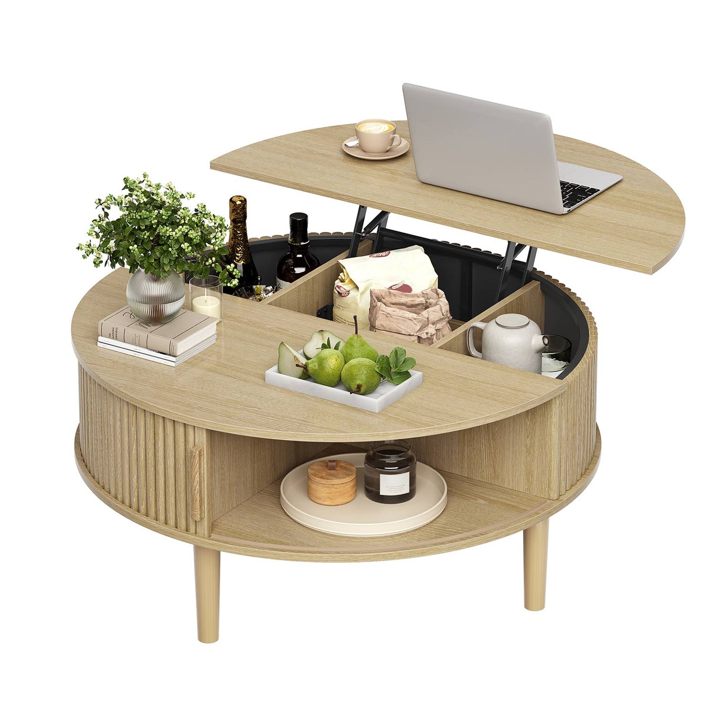 31.5 in Round Lift Top Coffee Table with 180° Curved Sliding Door Oak