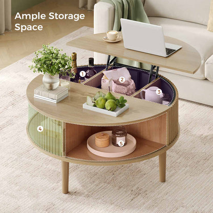 31.5 in Round Lift Top Coffee Table with 180° Curved Sliding Door Oak