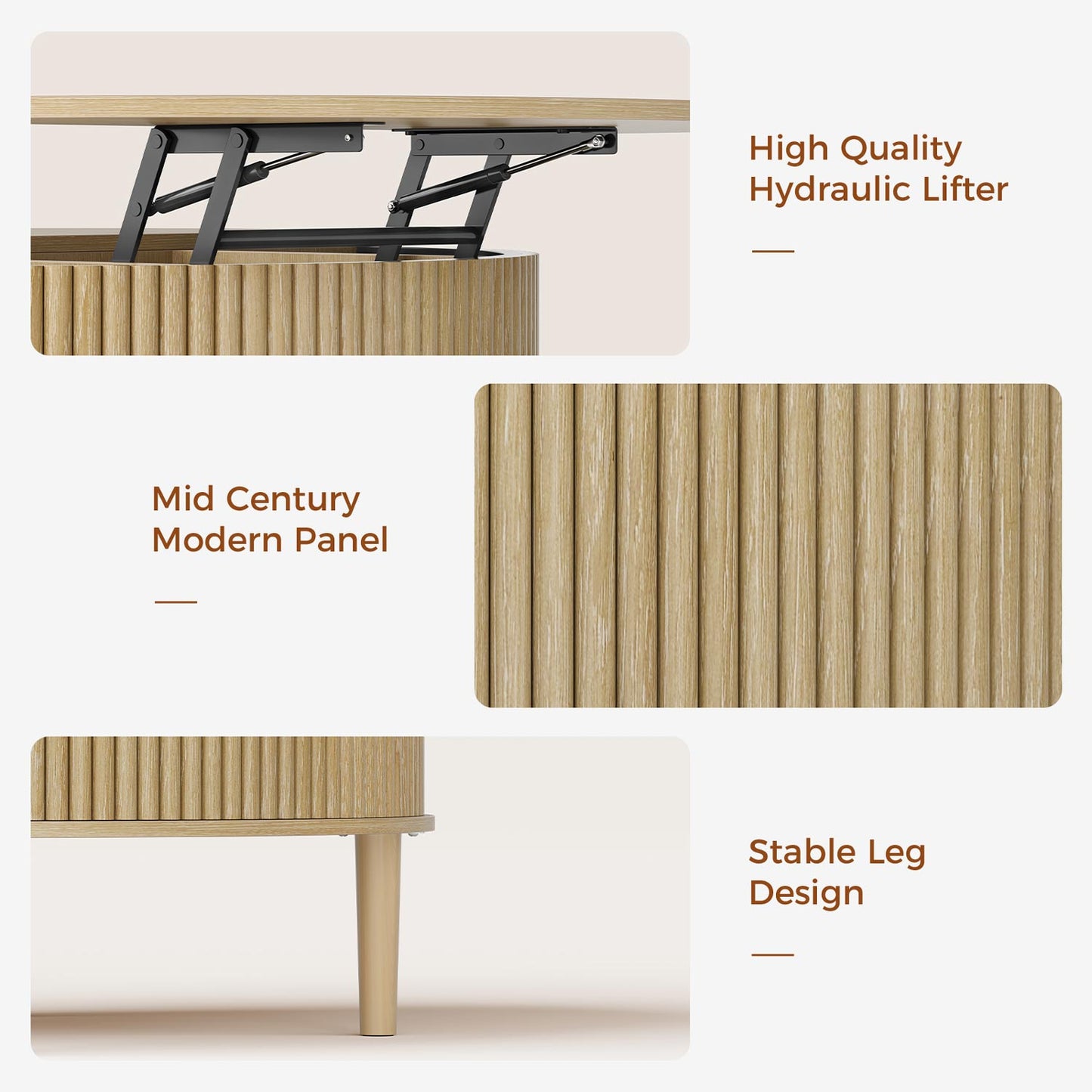 31.5 in Round Lift Top Coffee Table with 180° Curved Sliding Door Oak