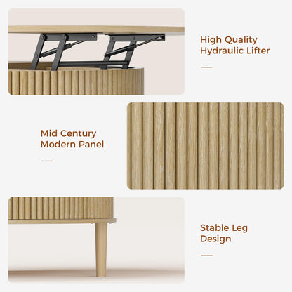 31.5 in Round Lift Top Coffee Table with 180° Curved Sliding Door Oak