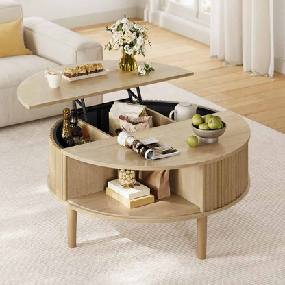 31.5 in Round Lift Top Coffee Table with 180° Curved Sliding Door Oak