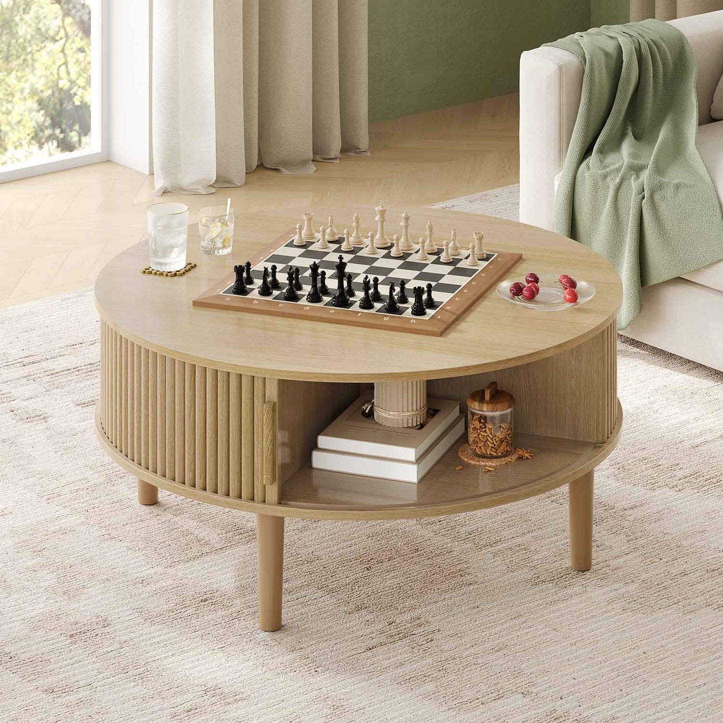 31.5 in Round Lift Top Coffee Table with 180° Curved Sliding Door Oak