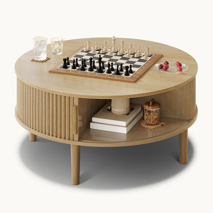 31.5 in Round Lift Top Coffee Table with 180° Curved Sliding Door Oak