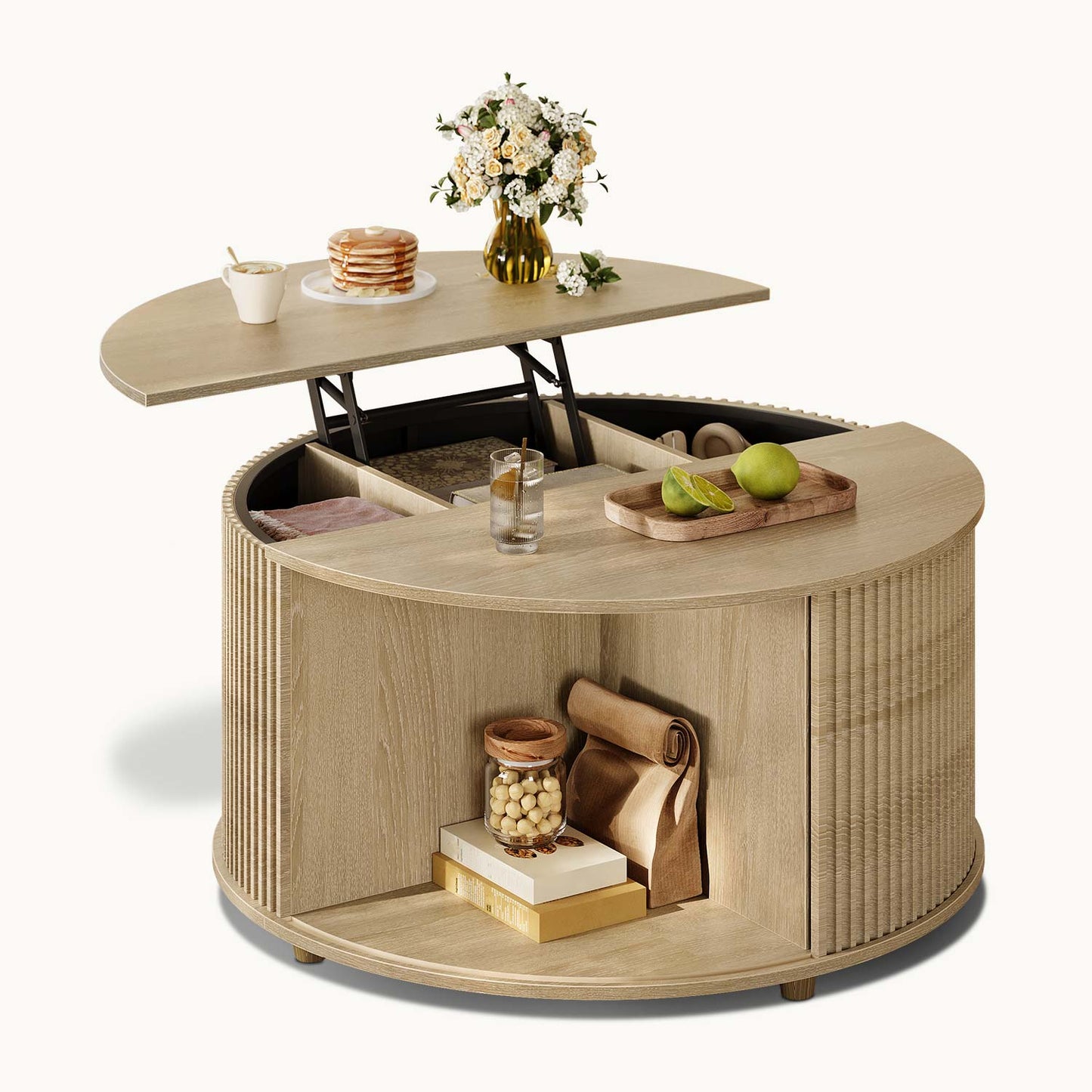 34.6 in Round Lift Top Coffee Table with 180° Curved Sliding Door Oak