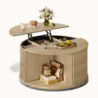 34.6 in Round Lift Top Coffee Table with 180° Curved Sliding Door Oak