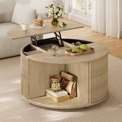 34.6 in Round Lift Top Coffee Table with 180° Curved Sliding Door Oak