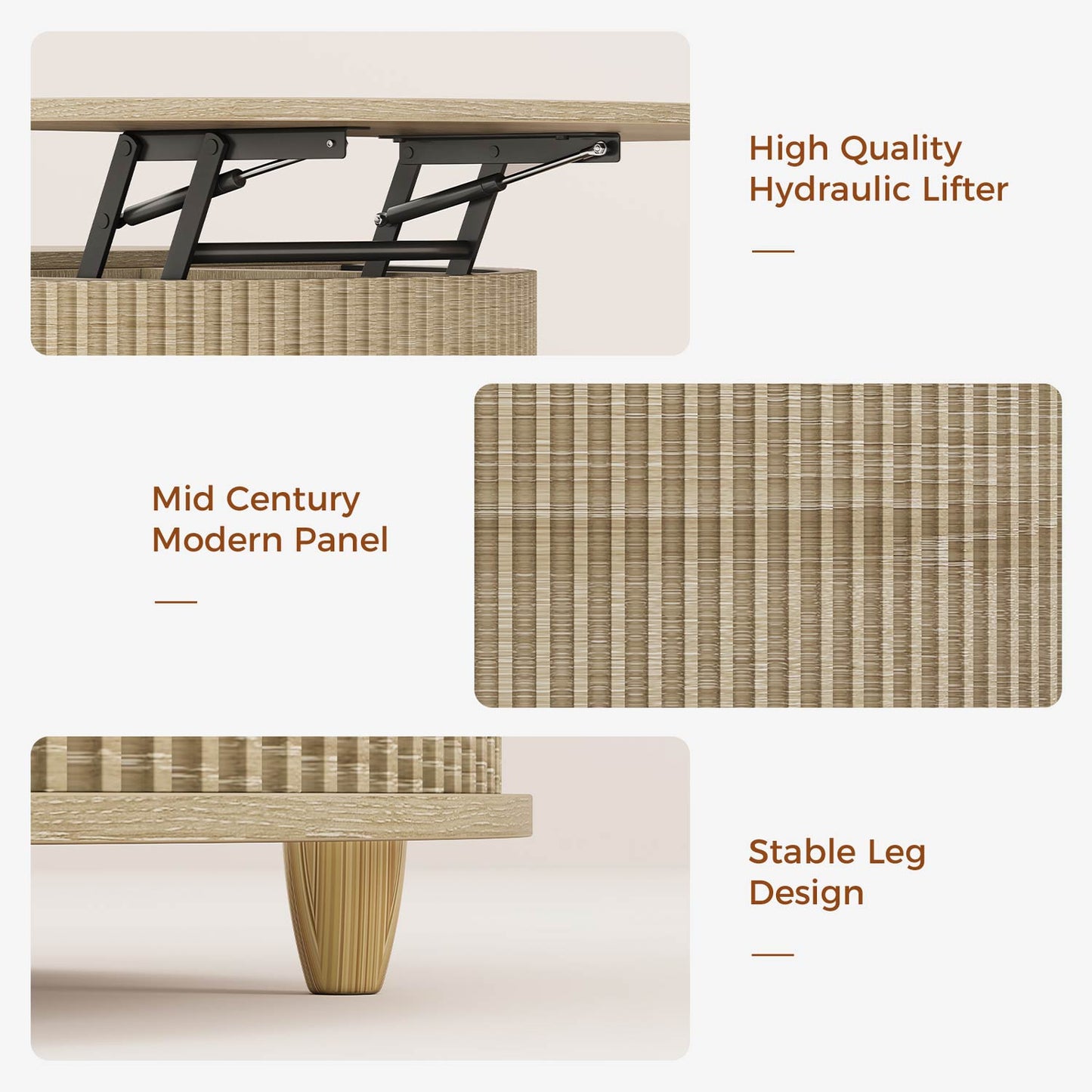 34.6 in Round Lift Top Coffee Table with 180° Curved Sliding Door Oak