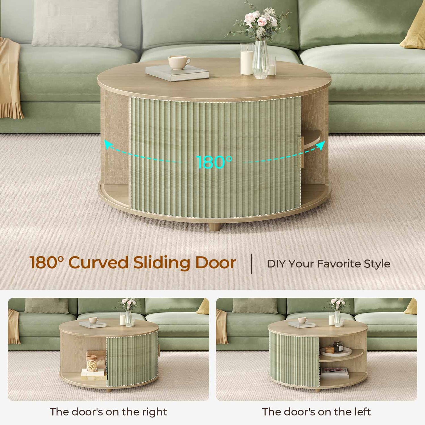 34.6 in Round Lift Top Coffee Table with 180° Curved Sliding Door Oak